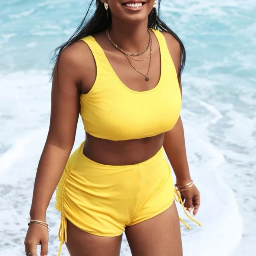 Rib Drawstring Bikini Swimsuit